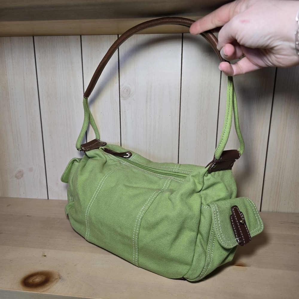 Sonoma Lifestyle Lime Green Hobo Y2k Shoulder Purse Faux Brown Leather Canvas